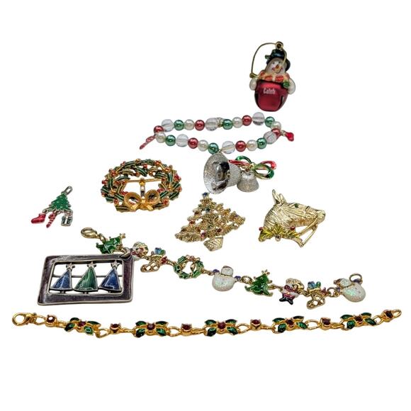 Lot of Ten Christmas Theme Bracelets Brooches Pendant & A 'Caleb' Ornament - Picture 1 of 8